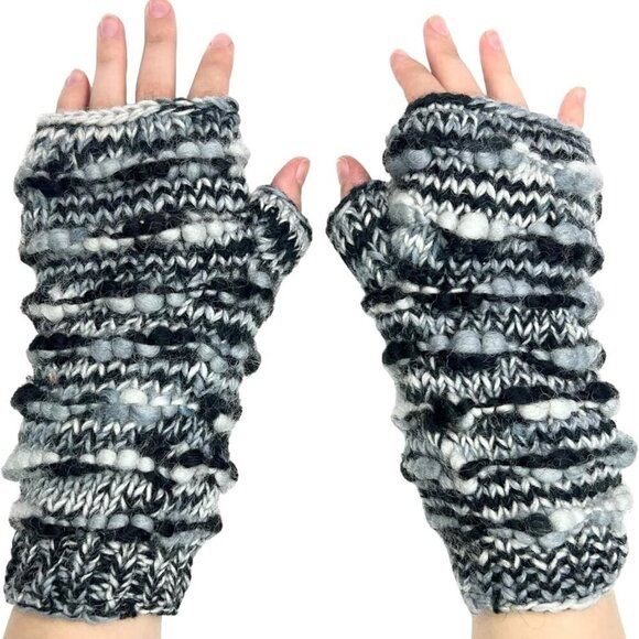 Other - Hand Knit Winter Fingerless Striped Texting Gloves Warm Wool Fleece Lined